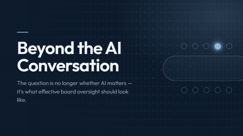 The title of the article "Beyond the AI Conversation" in white text over a navy blue background with digital grid-style texture.