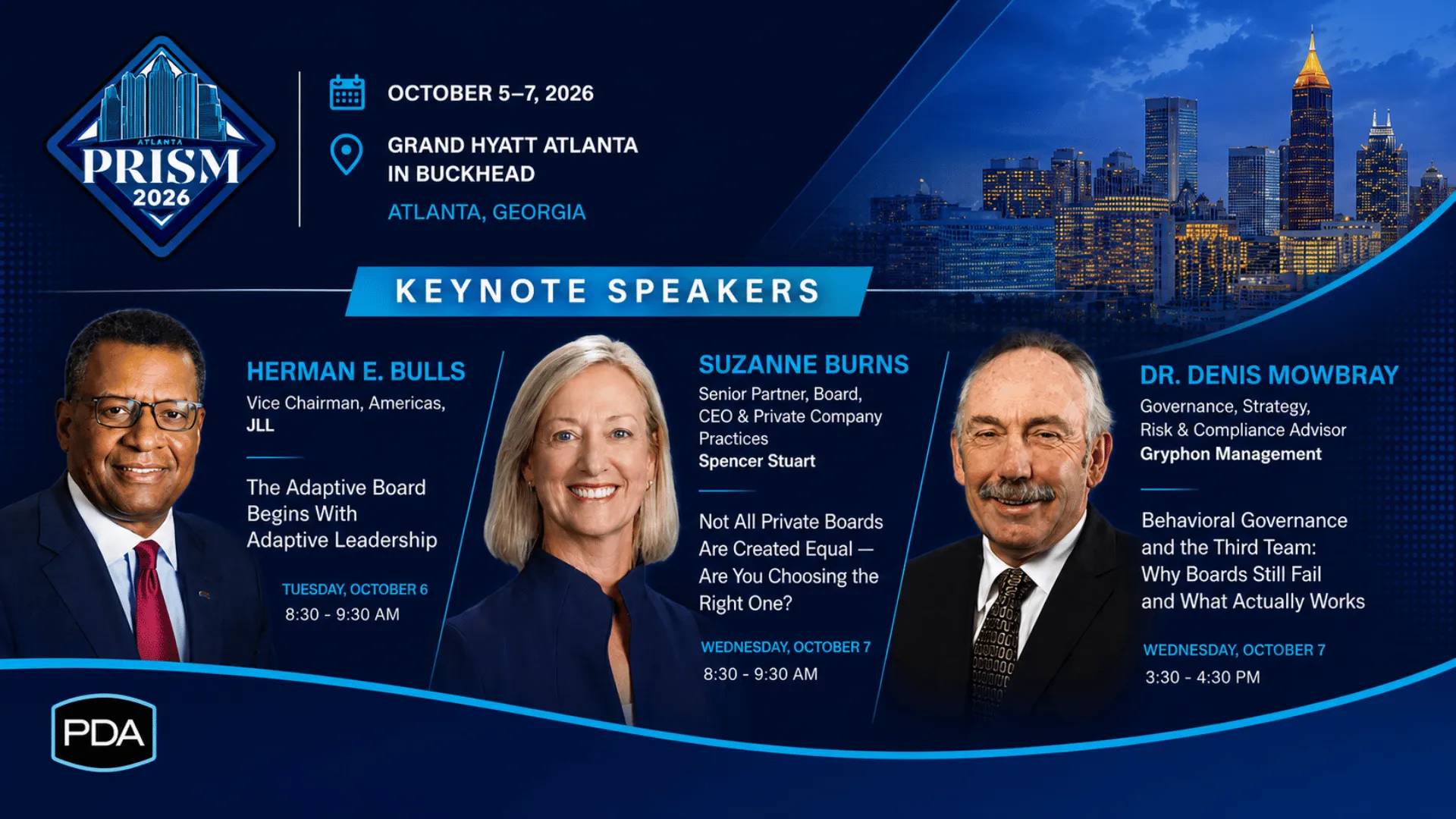 PRISM 2026 Keynote Speakers: Herman E. Bulls, Suzanne Burns, and Dr. Denis Mowbray